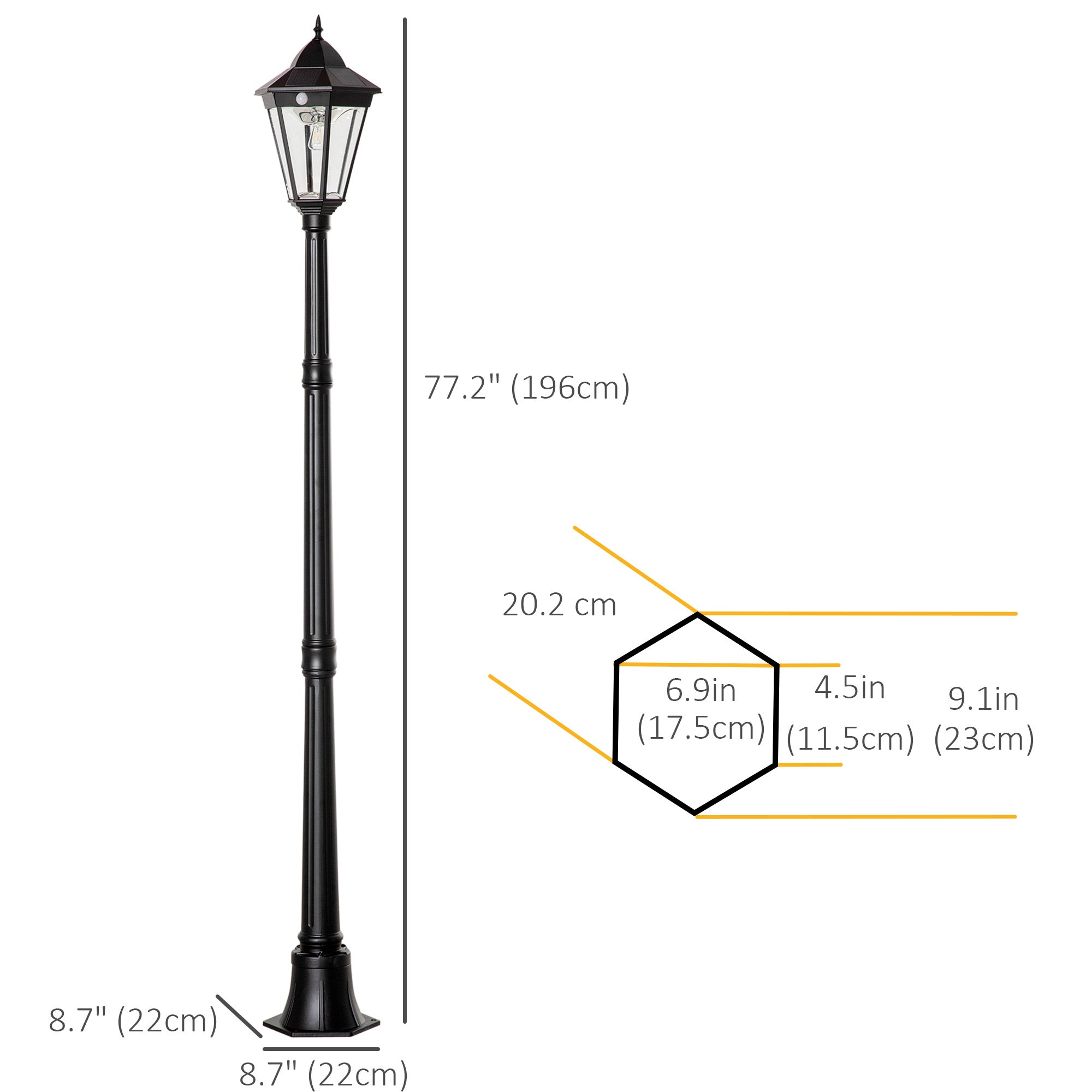 Outsunny 77" Outdoor Solar LED Lamp Post Light Street Lamp Motion Sensor PIR Adjustable Brightness Yard Black 