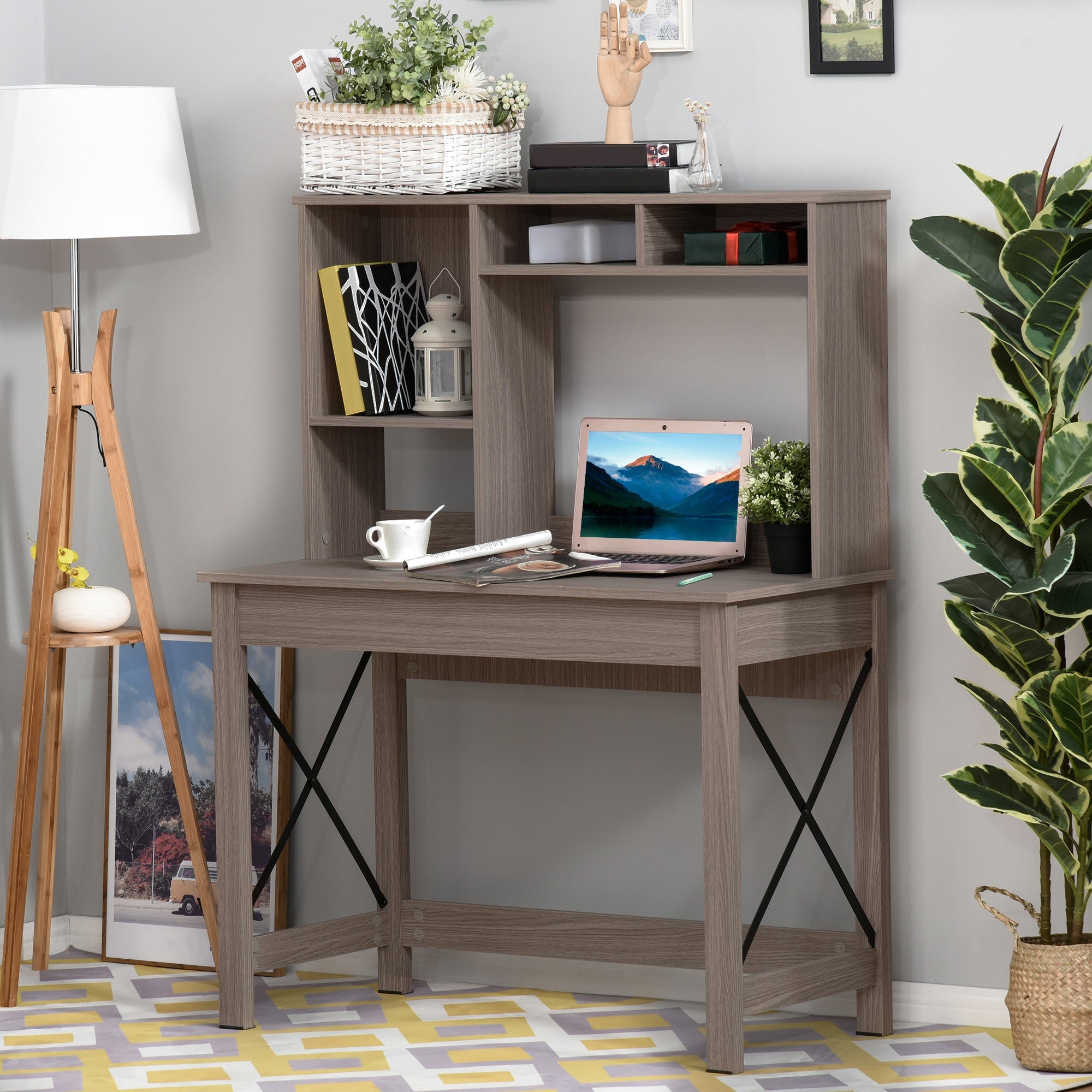 HOMCOM Study Desk: Bookshelves Storage, Writing Work, Bedroom Home Office Workstation, Brown 