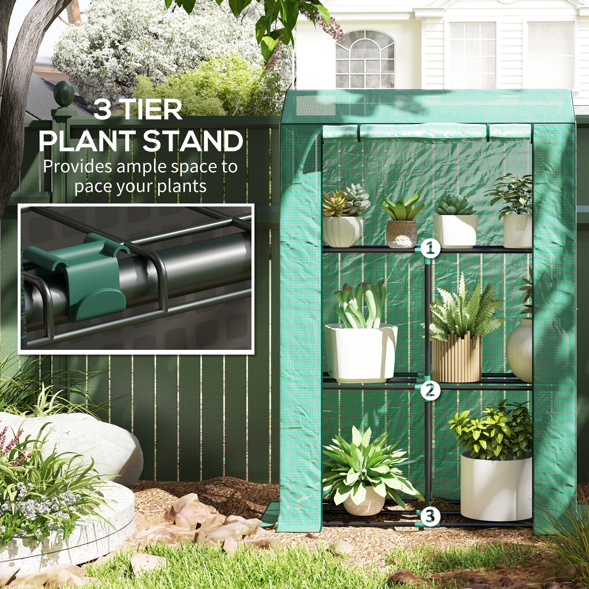 Outsunny Mini Greenhouse with 3 Tier Shelves, 3 Roll-Up Doors for Indoor Outdoor, Green 