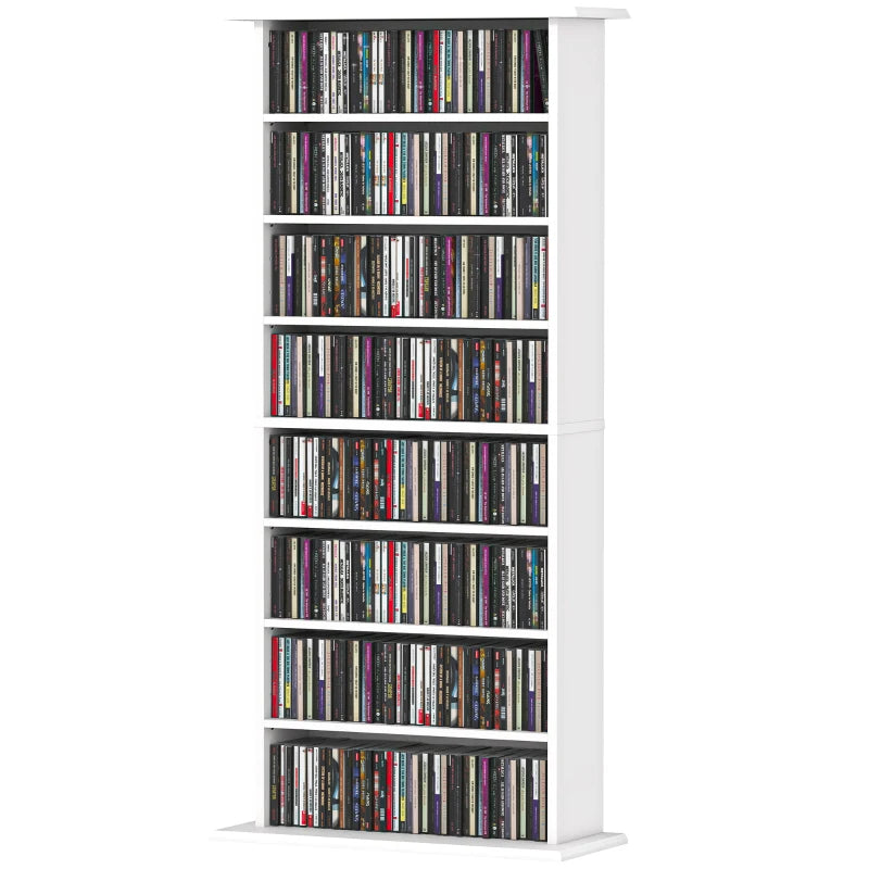 8-Tier DVD Shelf with 6 Adjustable Shelves, Slim CD Shelf, Holds 360 CDs, 185 DVDs or 185 Blu-rays, White