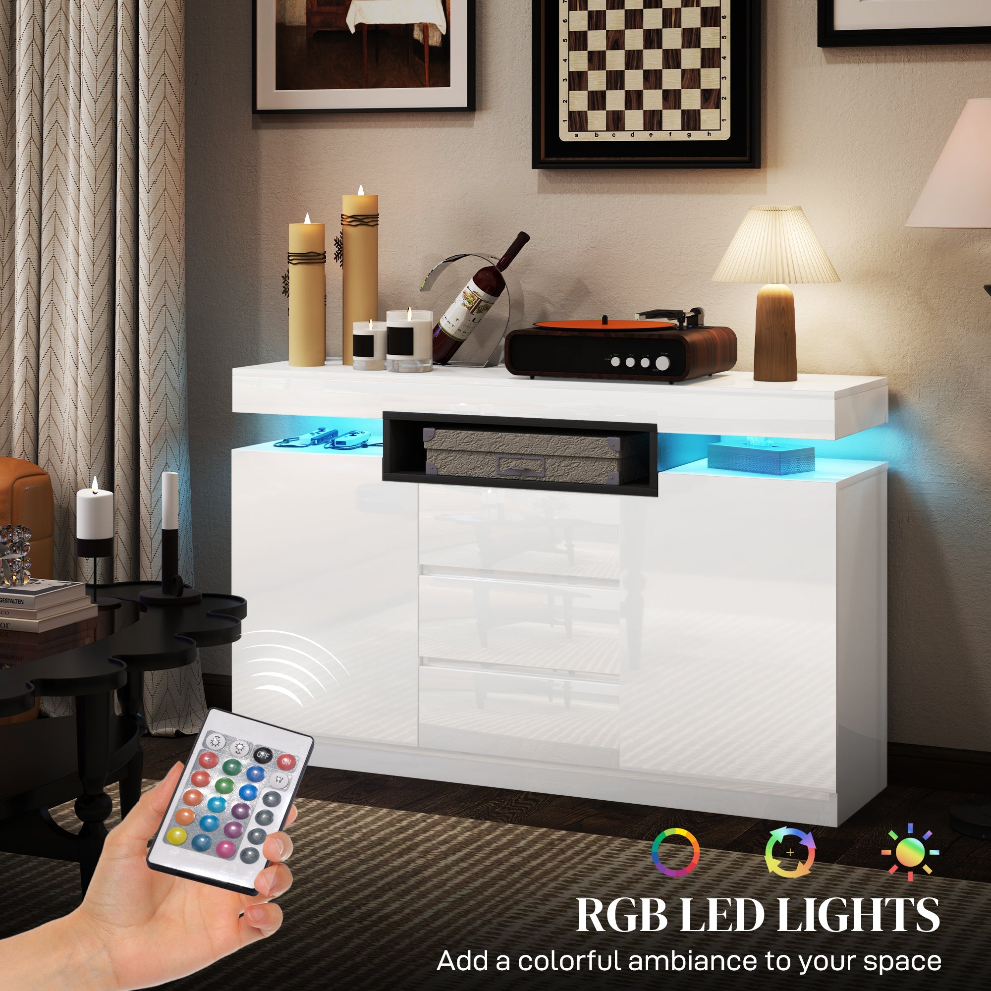 HOMCOM Sideboard Storage Cabinet with LED Lights, White 