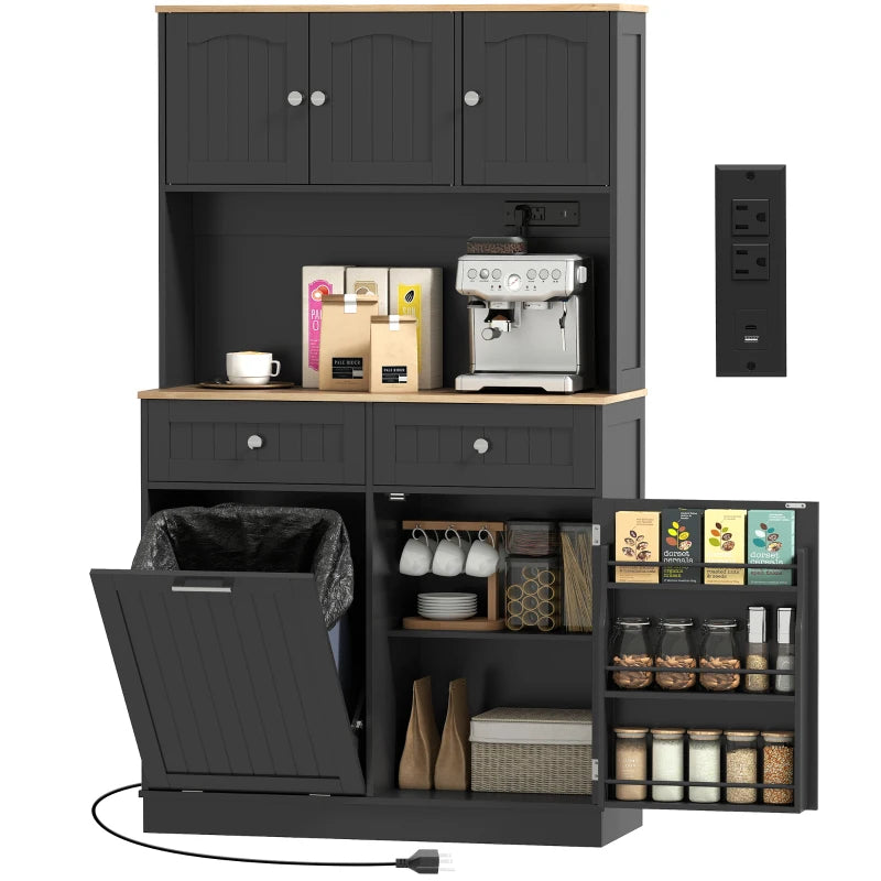 68" Pantry Cabinet with Charging Station, Storage Cabinet with Microwave Stand, 10 Gallon Trash Can Cabinet, Black