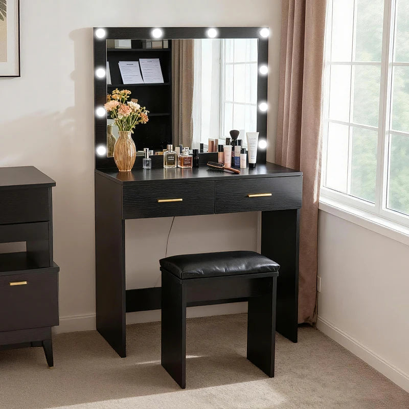 HOMCOM Makeup Vanity Desk Set with Stool, LED Lighted Mirror, 2 Drawers, Modern Dressing Table