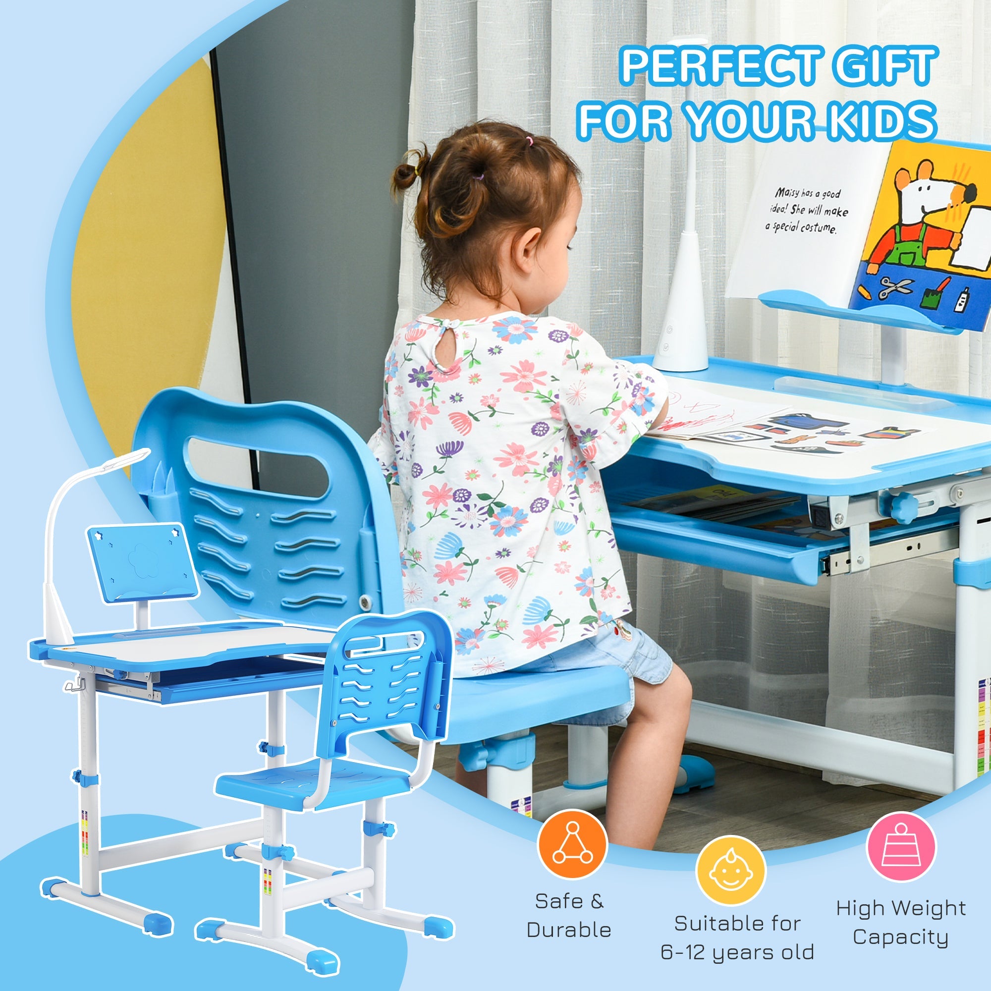 Qaba Kids Desk and Chair Set Height Adjustable Student Writing Desk Children School Study Table with Tilt Desktop, Blue 