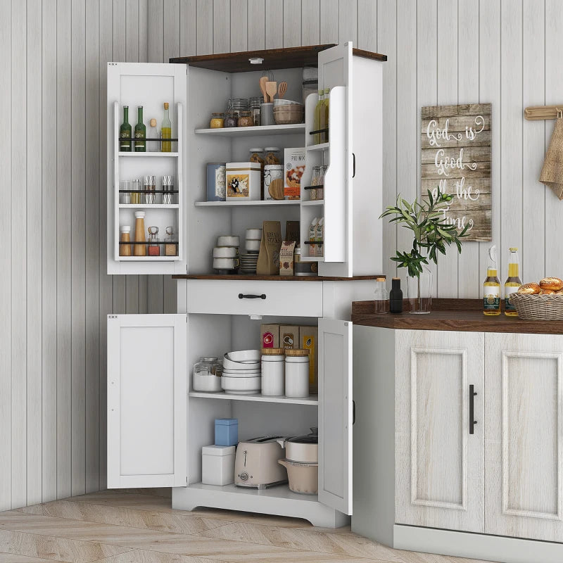 71" Tall Kitchen Cabinet, Farmhouse Pantry Cabinet with Barn Doors, Drawer and Adjustable Shelves, White