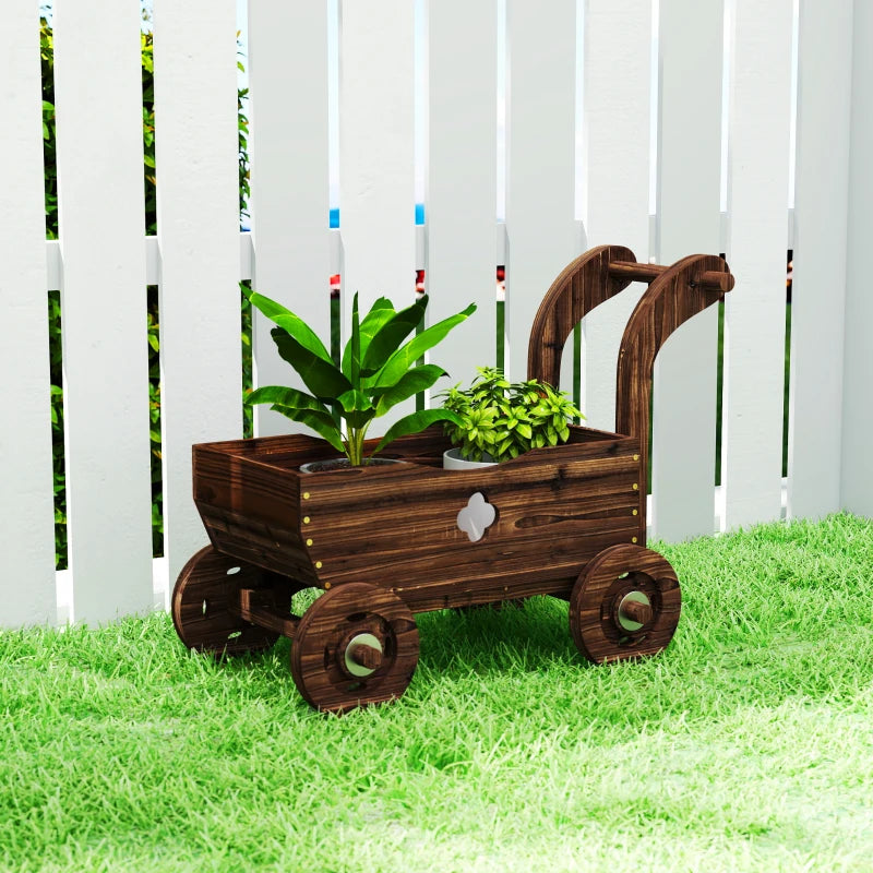 Wagon Flower Planter Cart with Wheels, Garden Wagon with Handle for Outdoor Patio Yard, Carbonized