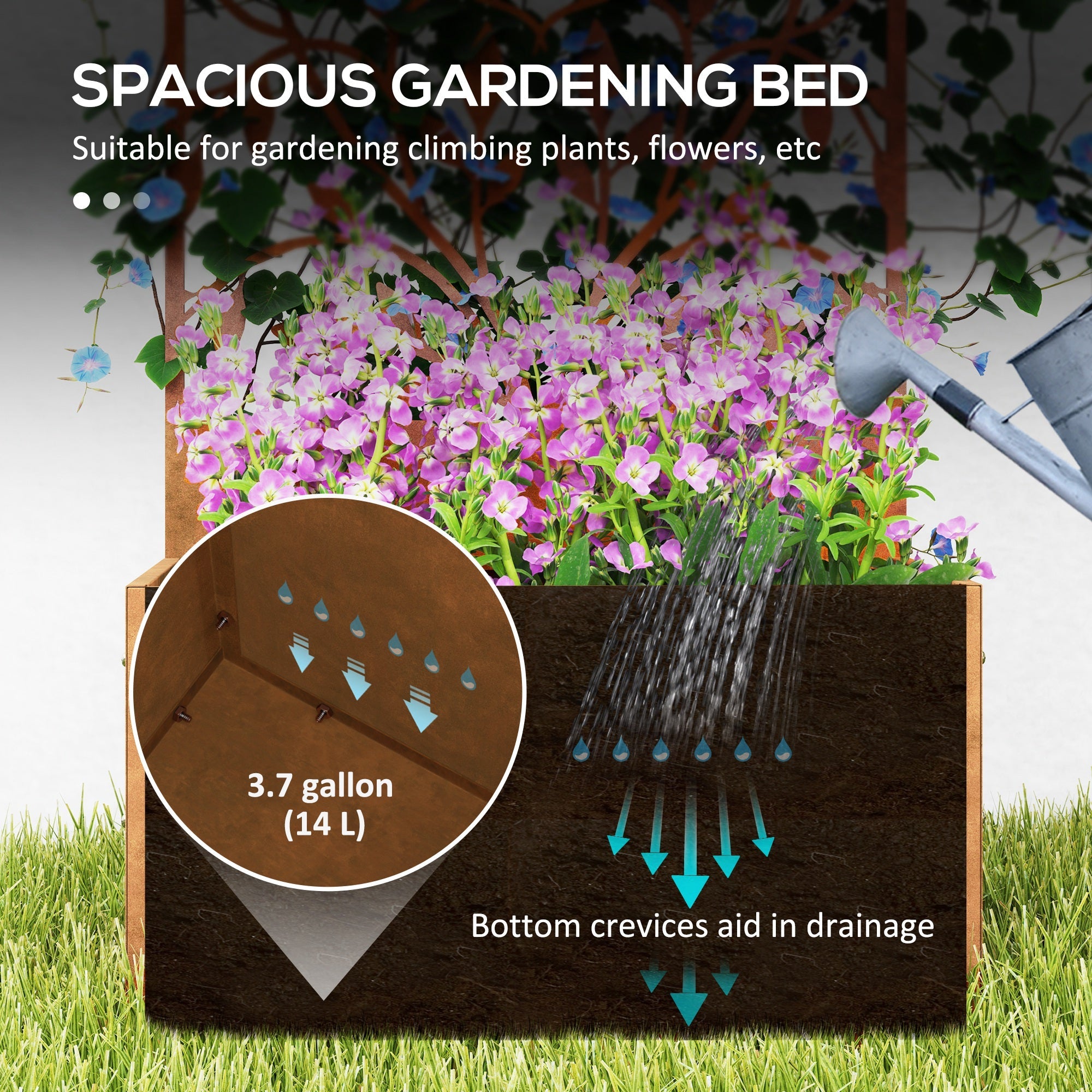 Outsunny Raised Garden Bed with Outdoor Privacy Screen, Metal Planter Box with Trellis, Wall-Mounted or Freestanding, Brown 