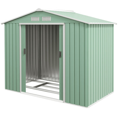 Outsunny 7' x 4' x 6' Garden Storage Shed Outdoor Patio Metal Tool Storage House w/ Foundation Kit and Double Doors Light Green 