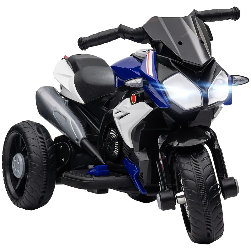 Qaba Kids Electric Motorcycle Ride-On Toy with 3 Wheels, Music, Horn, Lights, Blue