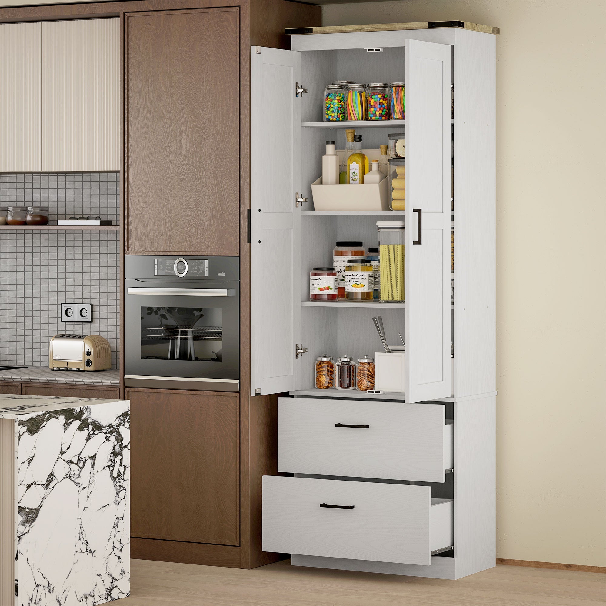HOMCOM 67" Tall Kitchen Pantry Storage Cabinet, Kitchen Pantry Cabinet with Doors, Drawers and Adjustable Shelves, Cream White 