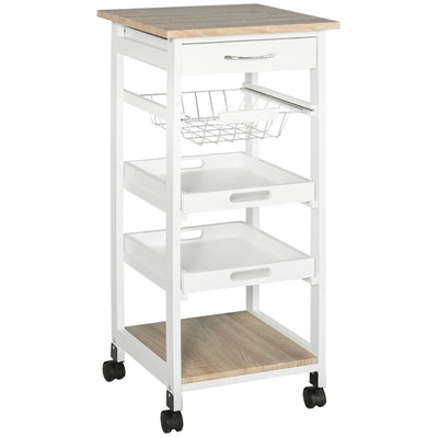 HOMCOM White Rolling Kitchen Cart: Mobile Utility Island with Storage Drawer, Wire Basket & Tray Versatility 