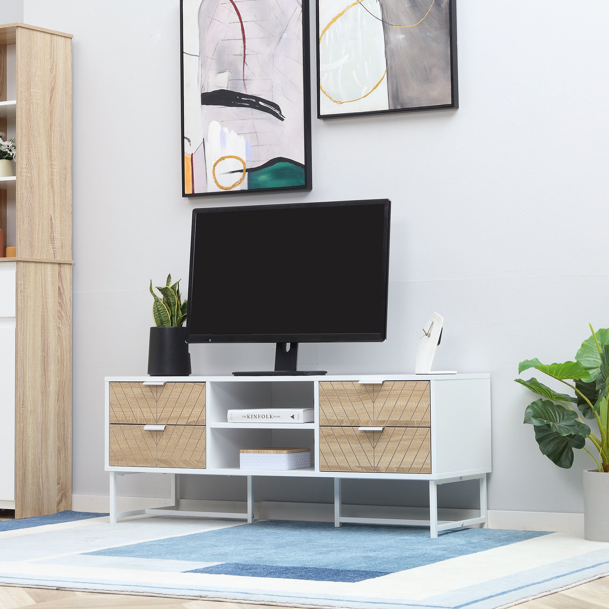 HOMCOM Modern TV Stand for TVs up to 60 Inches Media Entertainment Center Open Shelves Drawers White Wood 
