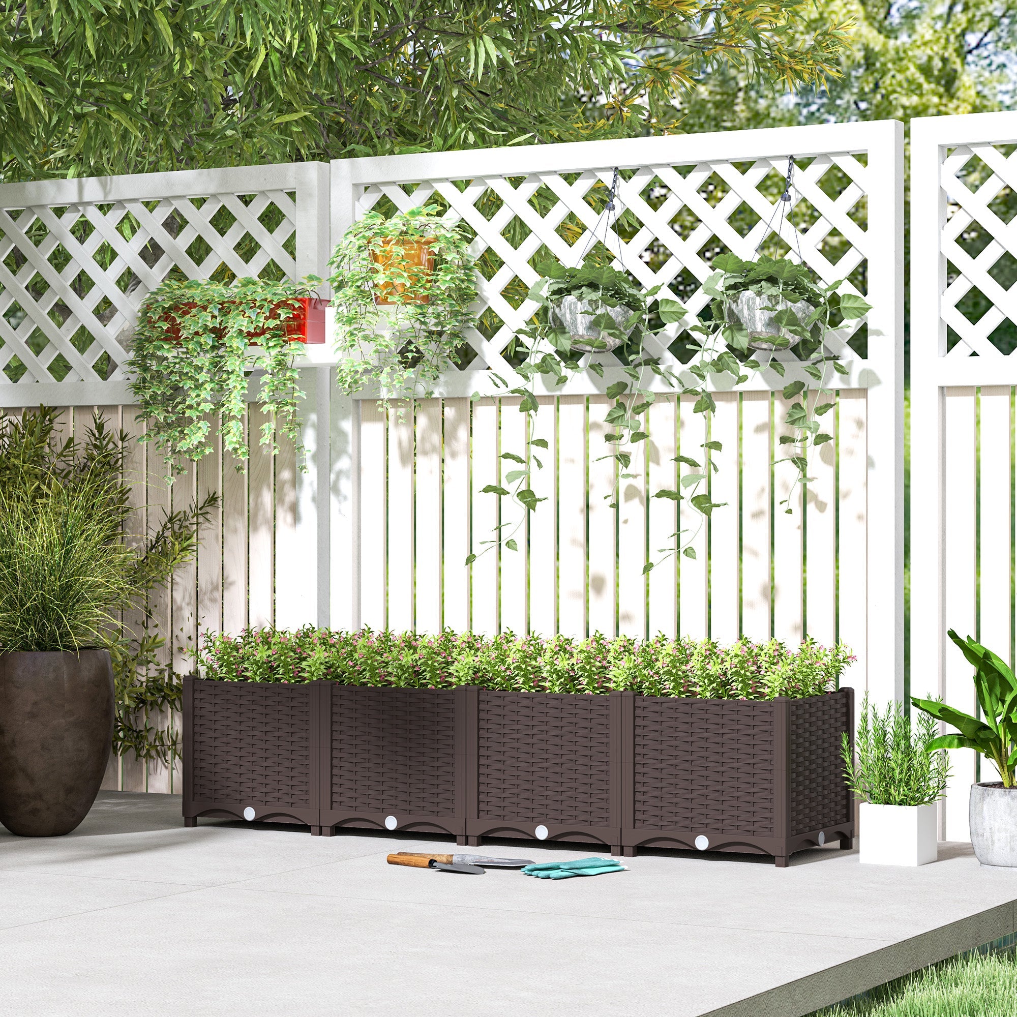 Outsunny Plastic Raised Garden Bed, Outdoor Planter Box with Drainage Holes for Patio, Balcony, 63" x 15.7" x 14.6", Brown 