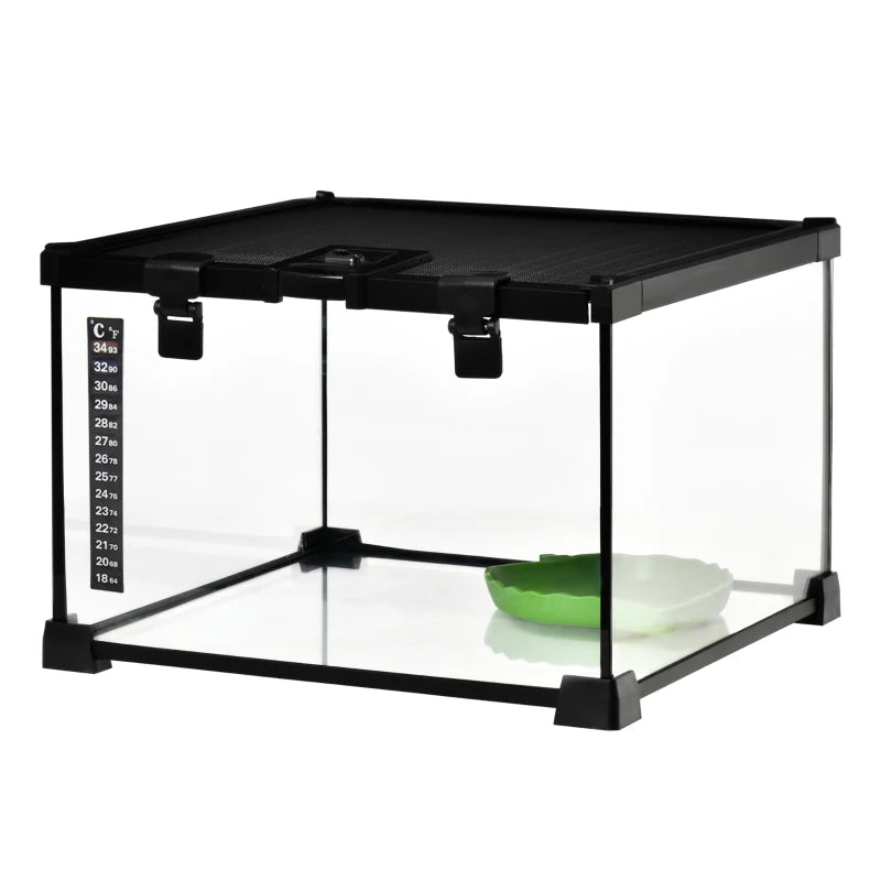 Glass Reptile Terrarium with Thermometer, Water Basin, Full View Visually for Lizards, Horned Frogs, Snakes, Spiders