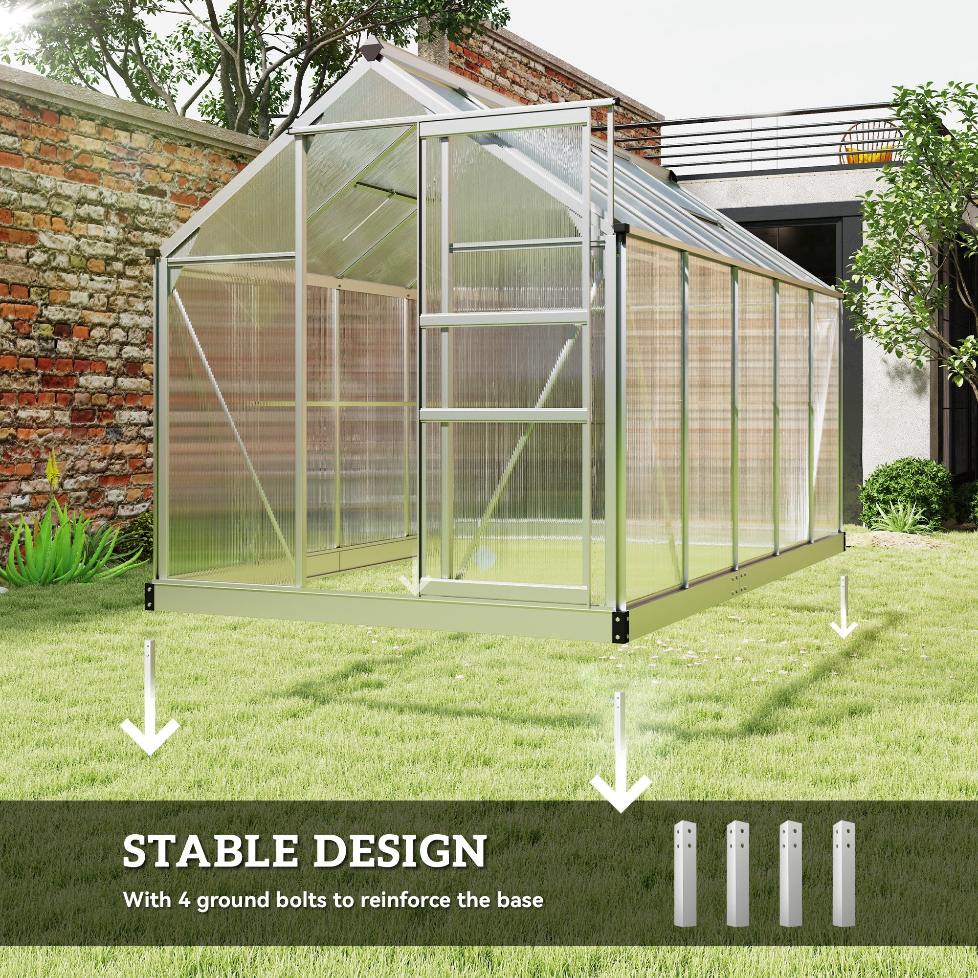 Outsunny 6' x 10' x 6.6' Polycarbonate Greenhouse, Walk-In Green House Kit Garden, Plants Grow, Galvanized Sheet Aluminum Frame with Rain Gutter, Vents and Sliding Door, Sliver 