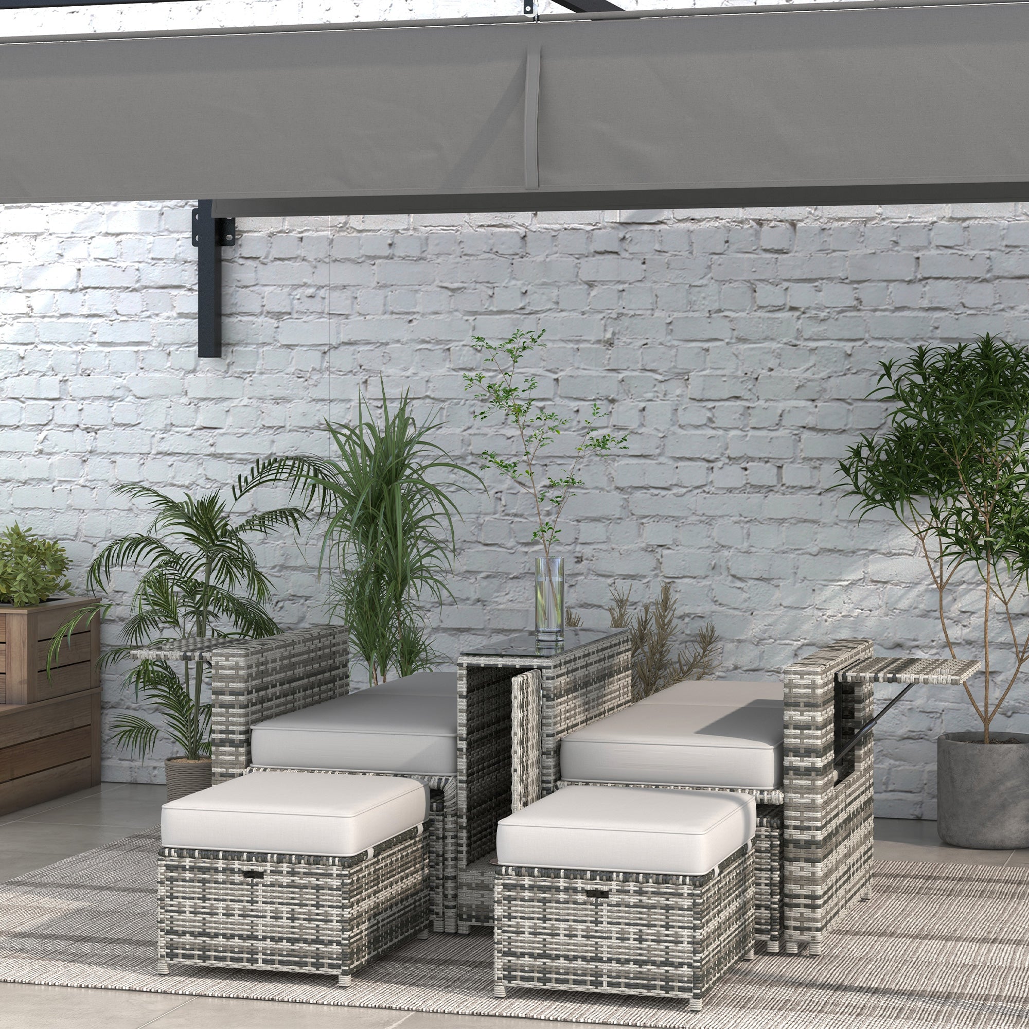 Outsunny 5PC Wicker Patio Lounger, Outdoor PE Rattan 5-level Adjustable Recliner Sofa Bed with Storage Side Table and Footstools, for Patio, Garden, Poolside, Grey 