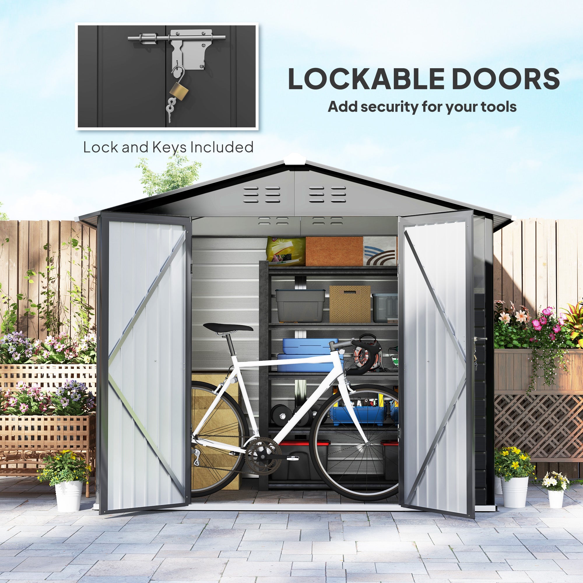 Outsunny 8' x 6' Outdoor Storage Shed, Metal Garden Shed with 2 Windows, 4 Vents, Lockable Doors and Gloves, Dark Grey 