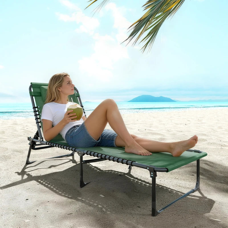 Folding Lounge Chair, Adjustable Chaise Lounge with Headrest, Reclining Lounger Cot for Camping, Hiking, Green