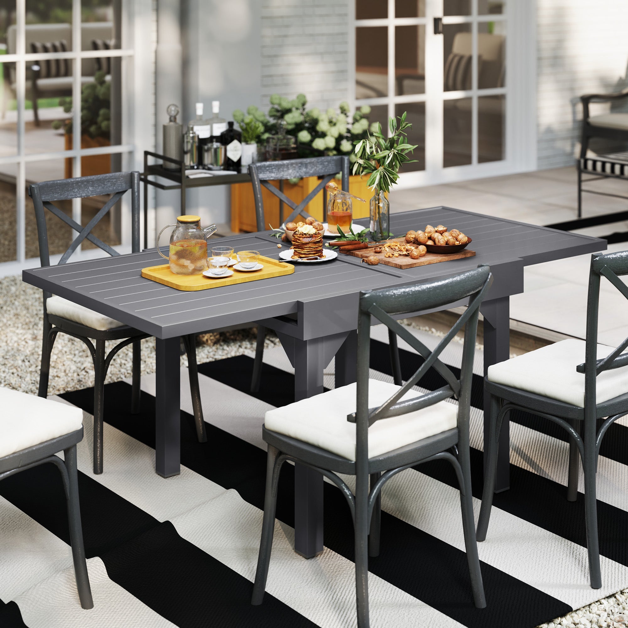 Outsunny 35"-71"  Extendable Aluminium Outdoor Dining Table, Slatted Top Patio Table for 4-6 Person, for Garden, Backyard, Grey 