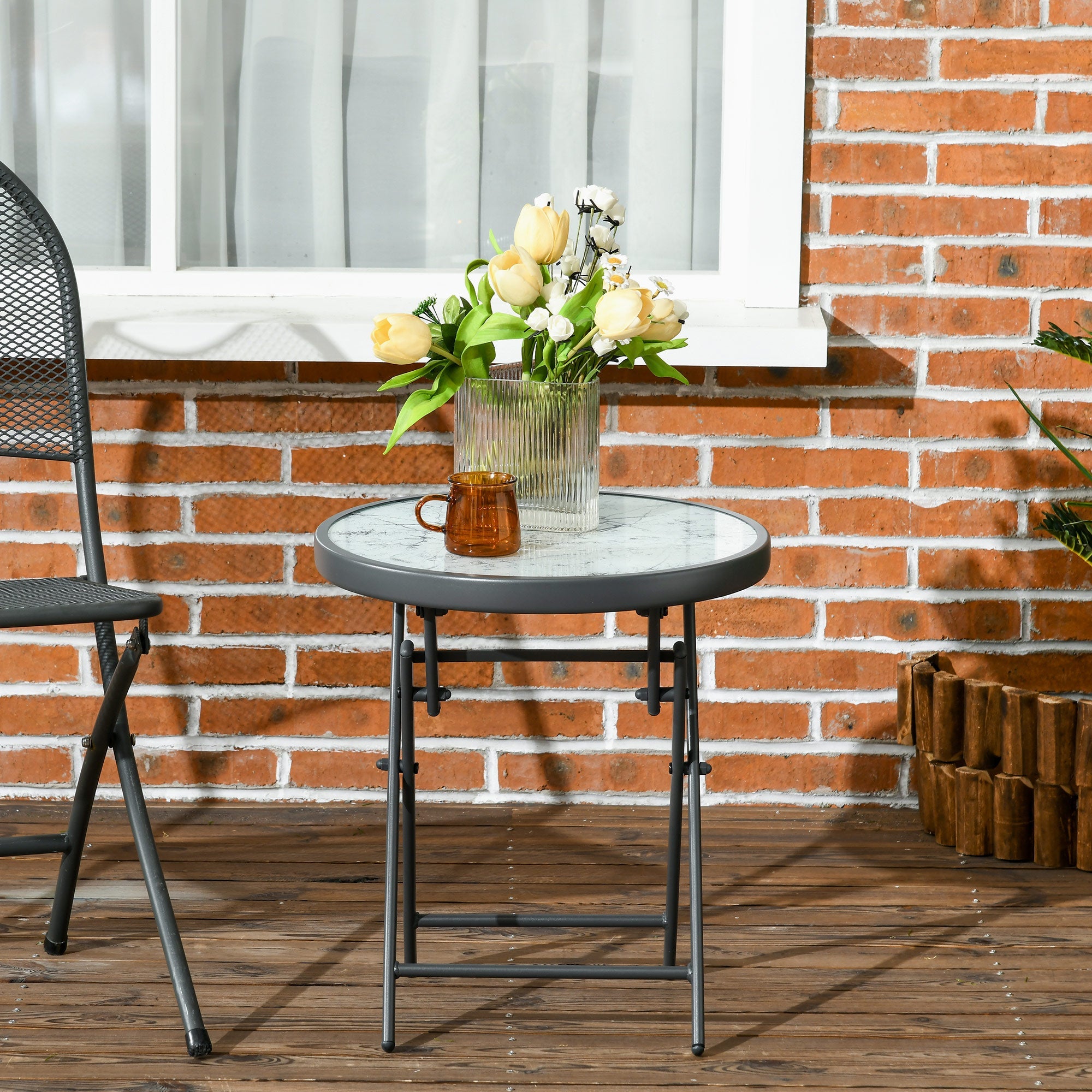 Outsunny 18" Outdoor Round Folding Table, Garden Side Table with Tempered Glass Top for Camping, Party, Weddings, White 