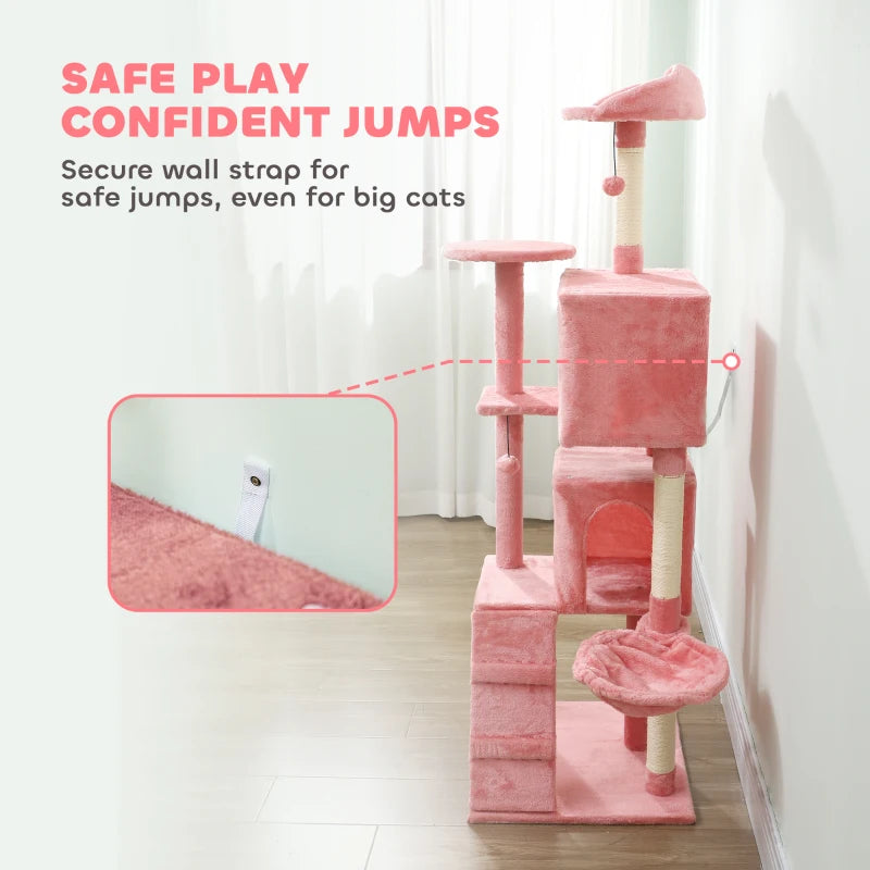 63 Inch Cat Tree with Sisal Scratching Posts, Condos, Plush Perches, Hammock, Ladder, Dangling Balls, Pink