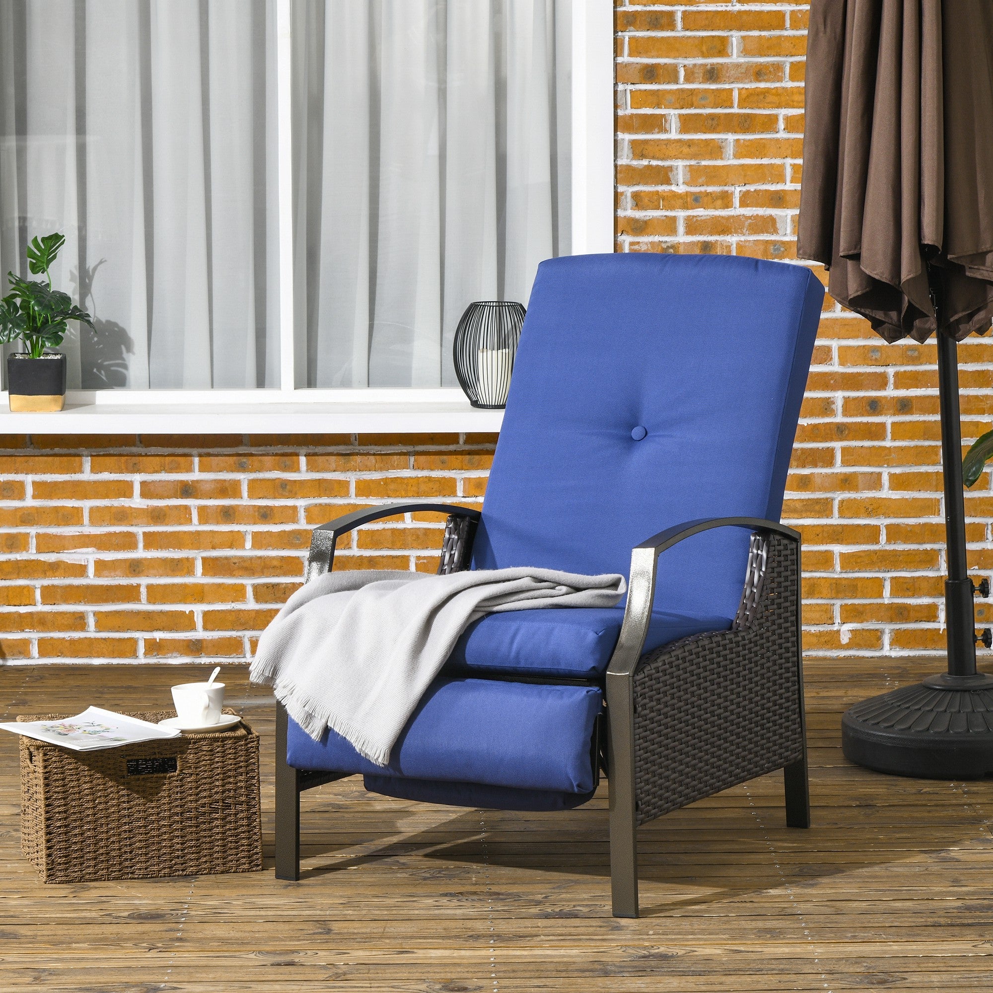 Outsunny Outdoor Rattan Recliner Chair, Wicker Reclining Chair with Adjustable Back Retractable Footrest Cushion Dark Blue 
