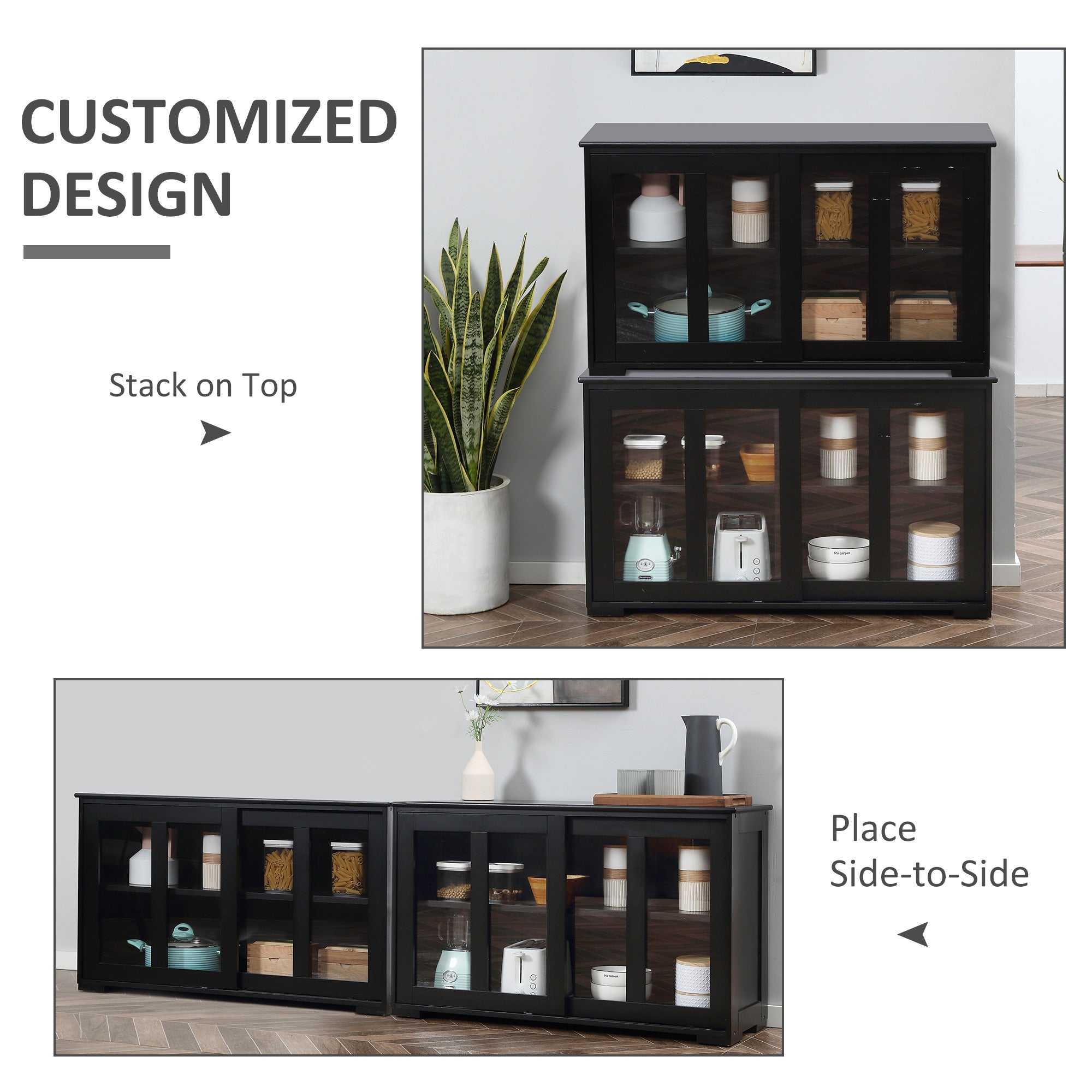 HOMCOM Black Stackable Bar Cabinet: Modern Kitchen Sideboard, Sliding Glass Door Console, Cupboard Serving Buffet 