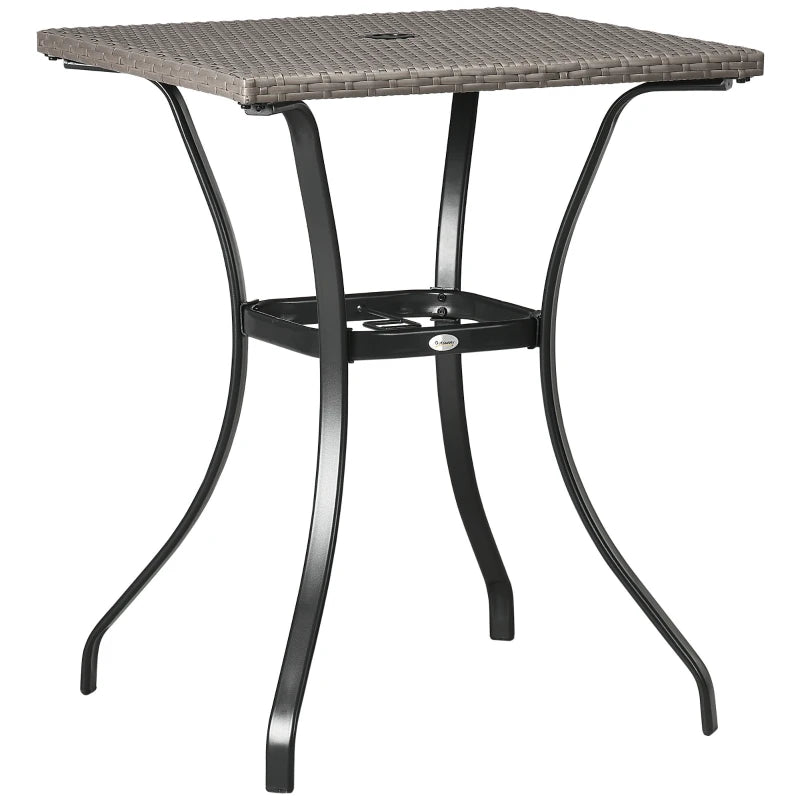 Patio Wicker Dining Table with Umbrella Hole, 34 Inch Outdoor PE Rattan Coffee Table with Plastic Board Under the Woven Table Top for Patio, Garden, Balcony, Light Grey