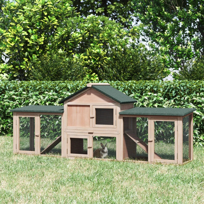 Large Rabbit Hutch Wood Bunny Cage Outdoor Guinea Pig House with Double Runs Slide Out Tray Ramps, 83"x18"x33", Natural