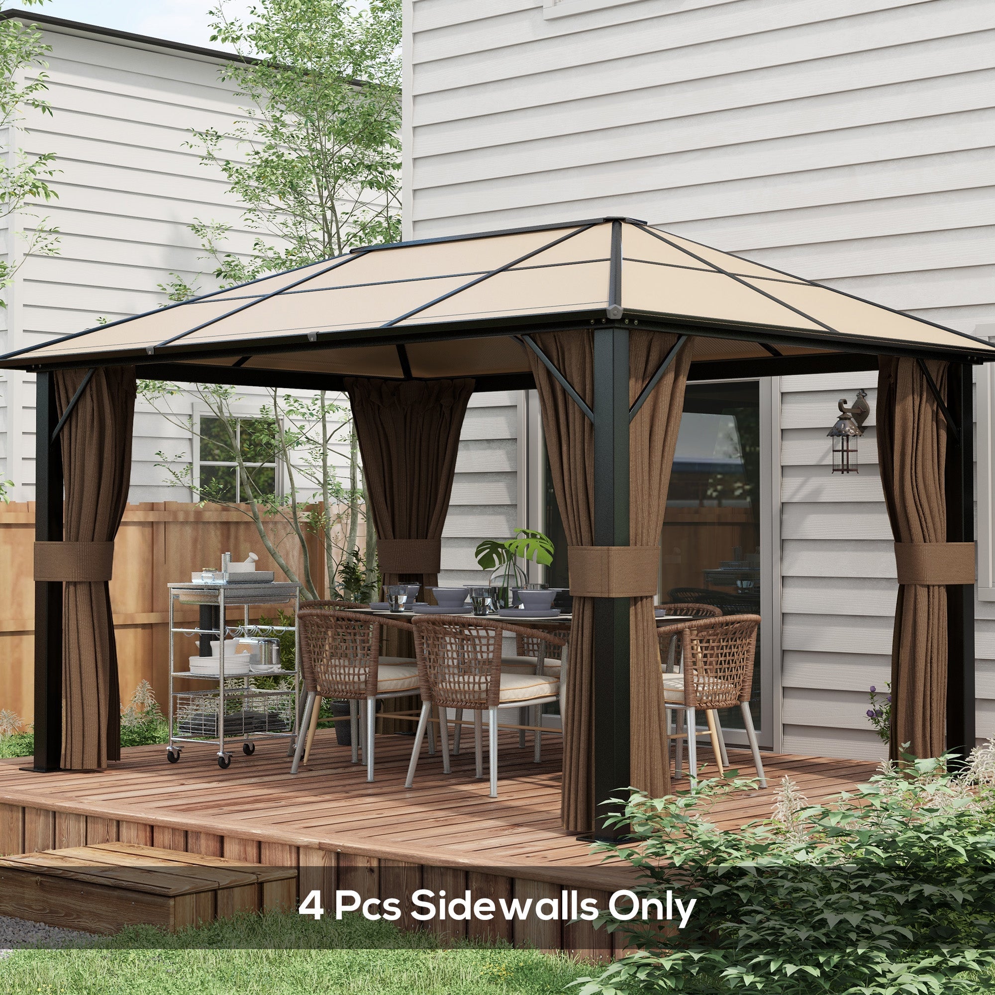 Outsunny 4-Panel Replacement Gazebo Curtains Gazebo Privacy Sidewall for 10' x 13' Canopy, Hooks/C-Rings Included, Dark Brown 