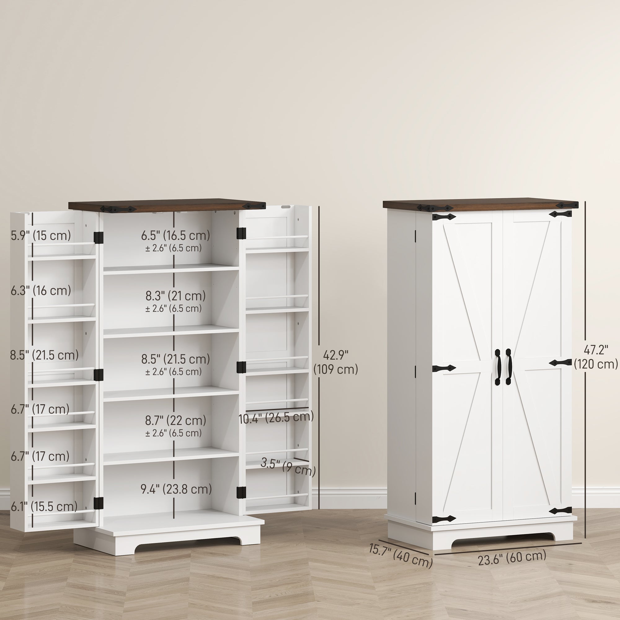 HOMCOM 47" Kitchen Pantry Storage Cabinet, Farmhouse Kitchen Pantry Cabinet with Adjustable Shelves and Door Shelves, White 