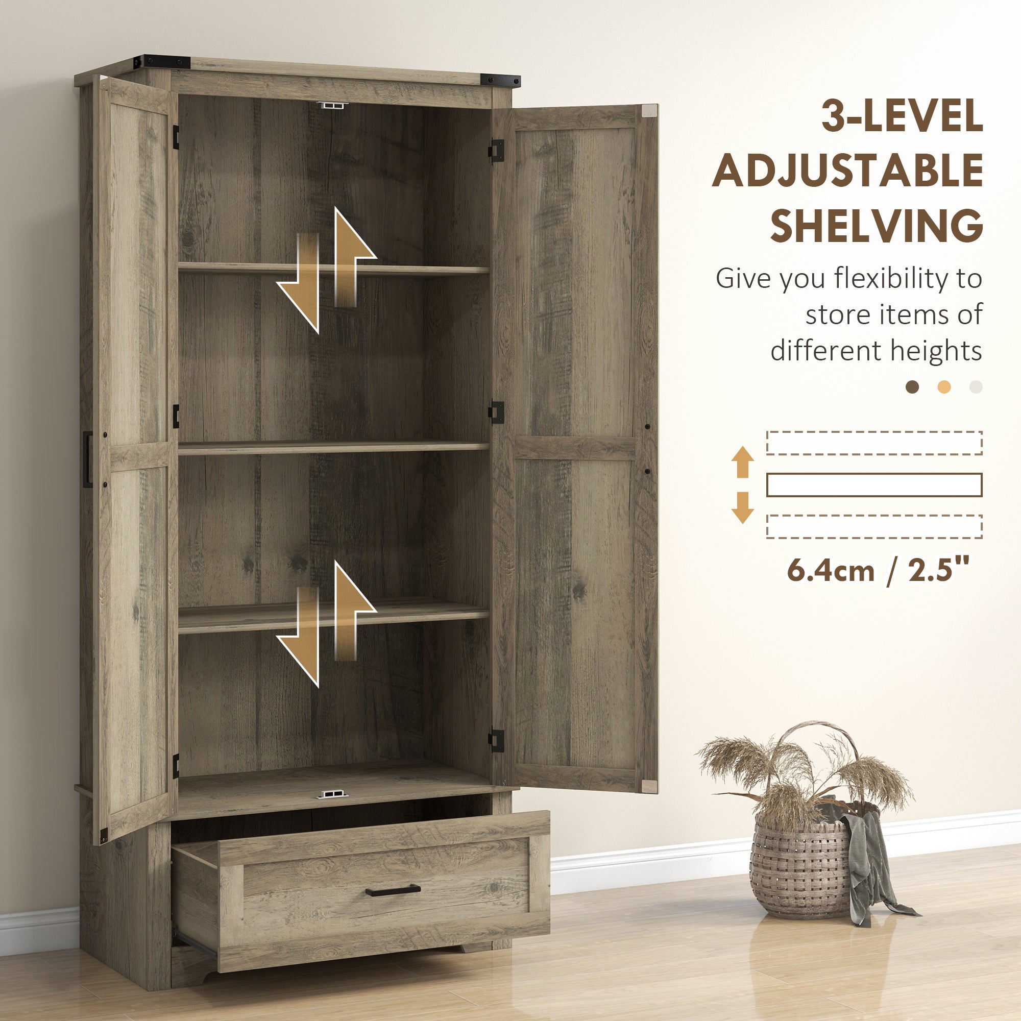 HOMCOM 69" Tall Farmhouse Kitchen Pantry Cabinet with 2 Doors, Drawer and Adjustable Shelves for Dining Room, Grey 