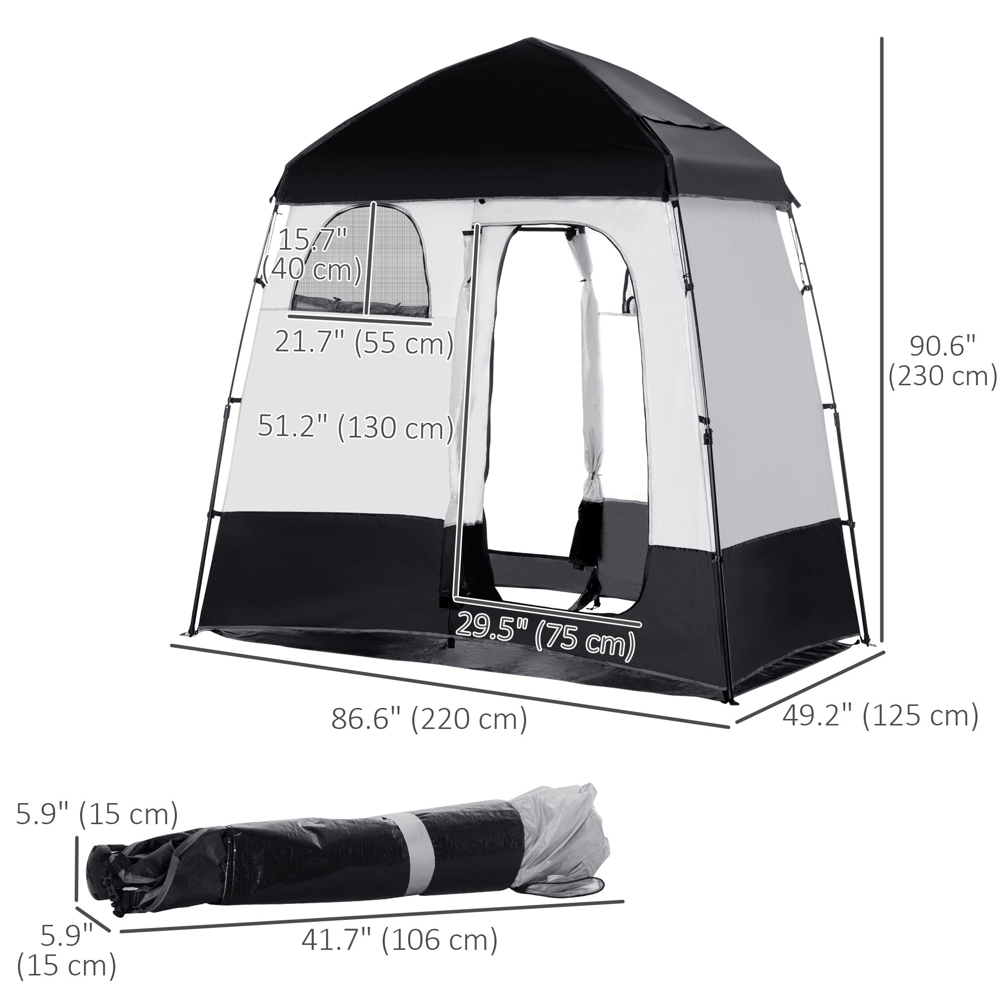 Outsunny Outdoor Portable Pop Up Shower Tent Changing Tent Privacy Enclosure with 2 Rooms, Shower Bag, Floor for Camping, Black 