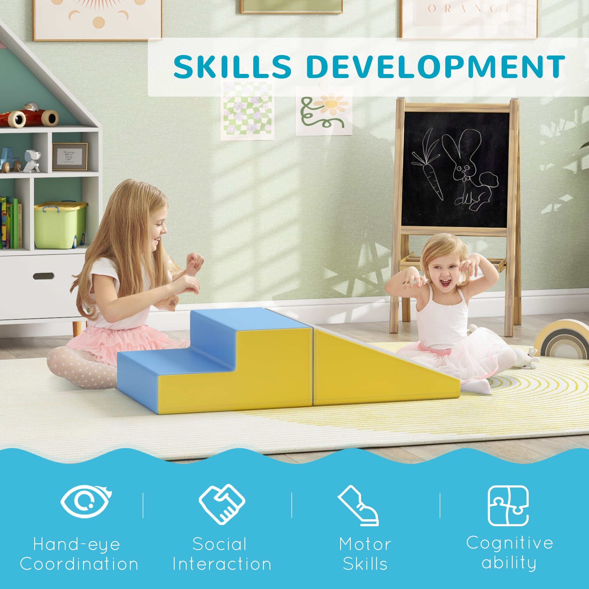 Soozier 2-Piece Climb and Crawl Activity Soft Play Set, for Toddler Preschooler Babies Indoor, Blue 