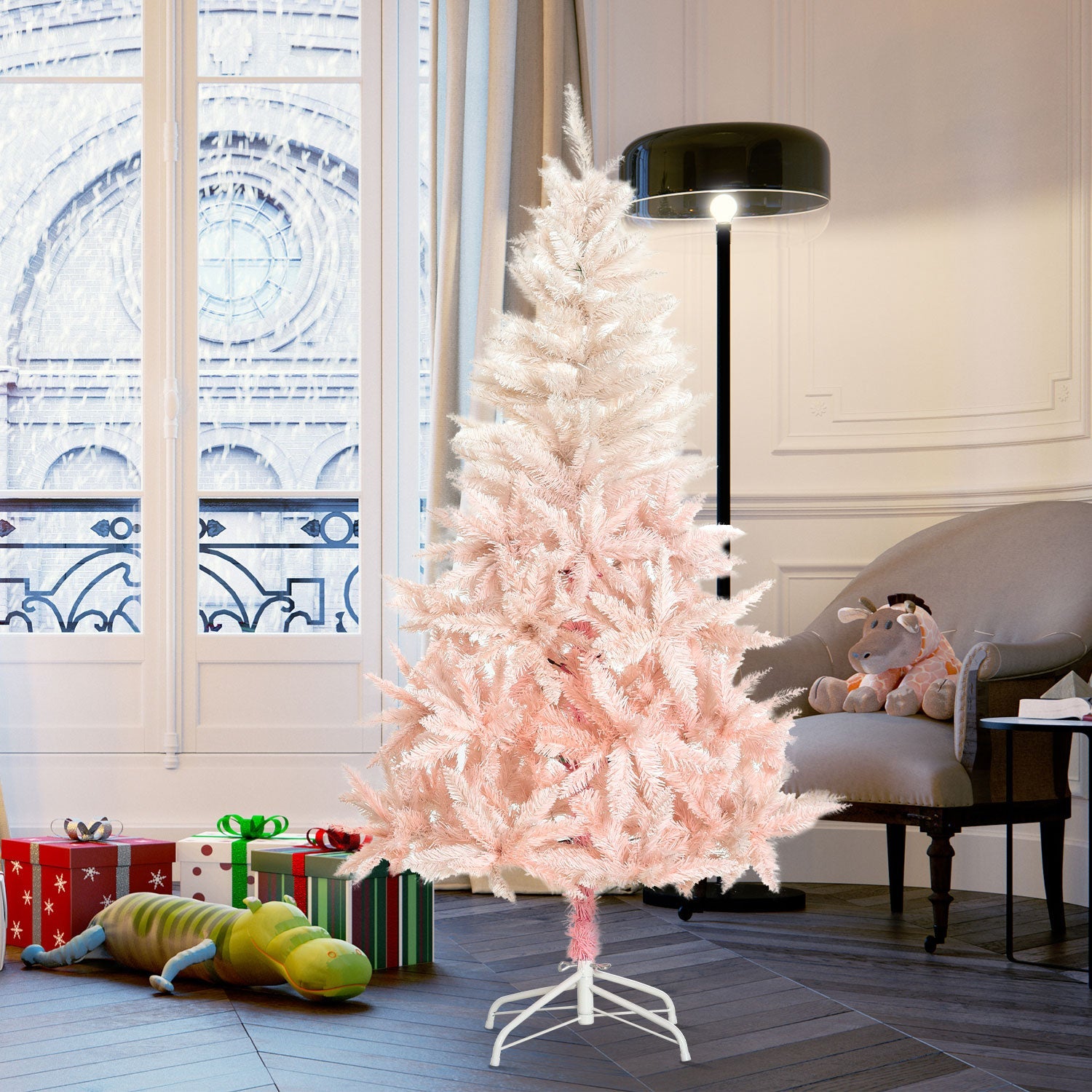 HOMCOM 6ft Elegant Artificial Christmas Tree, White and Pink with Metal Stand, Hassle-Free Automatic Open 