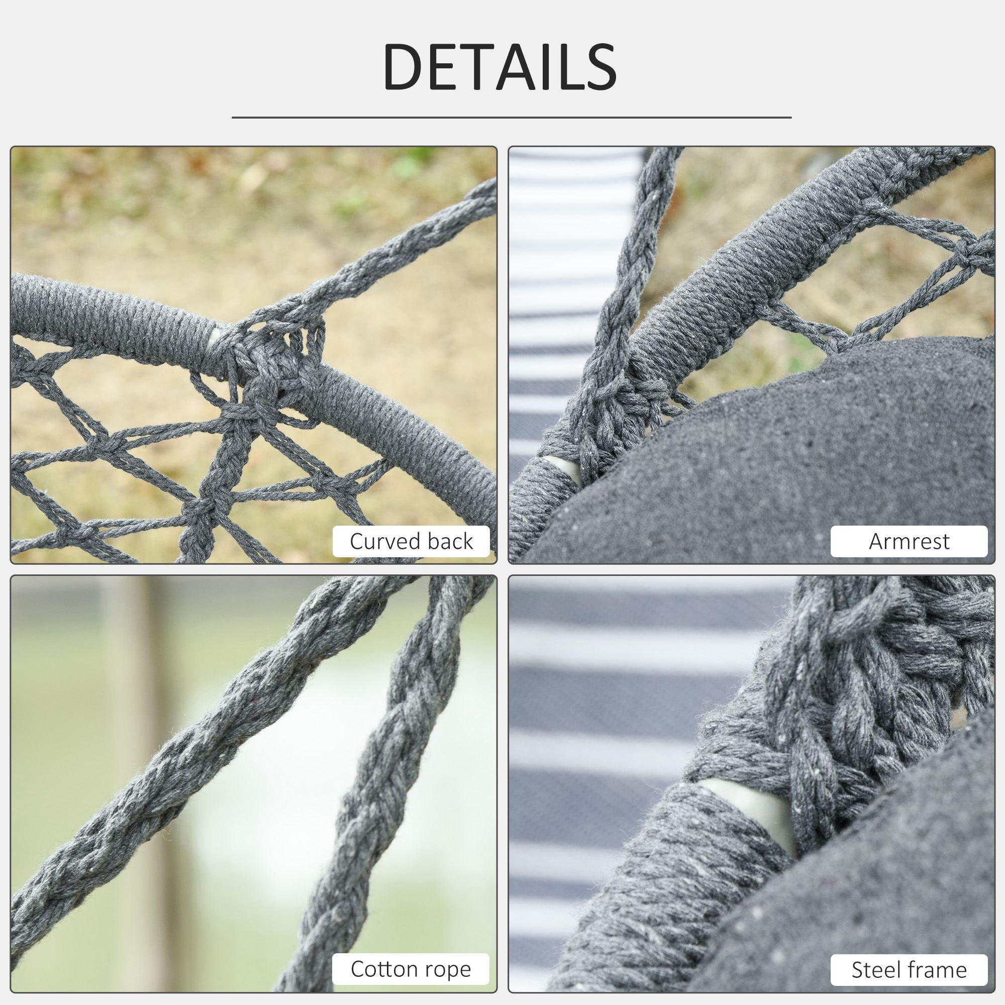 Outsunny Hammock Chair Hanging Rope Swing Metal Frame Cushion Large Macrame Seat Indoor Outdoor Dark Grey 
