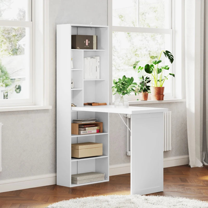 Fold-out Convertible Office Desk, Wall Mount Computer Desk with Whiteboard and Side Shelf, White