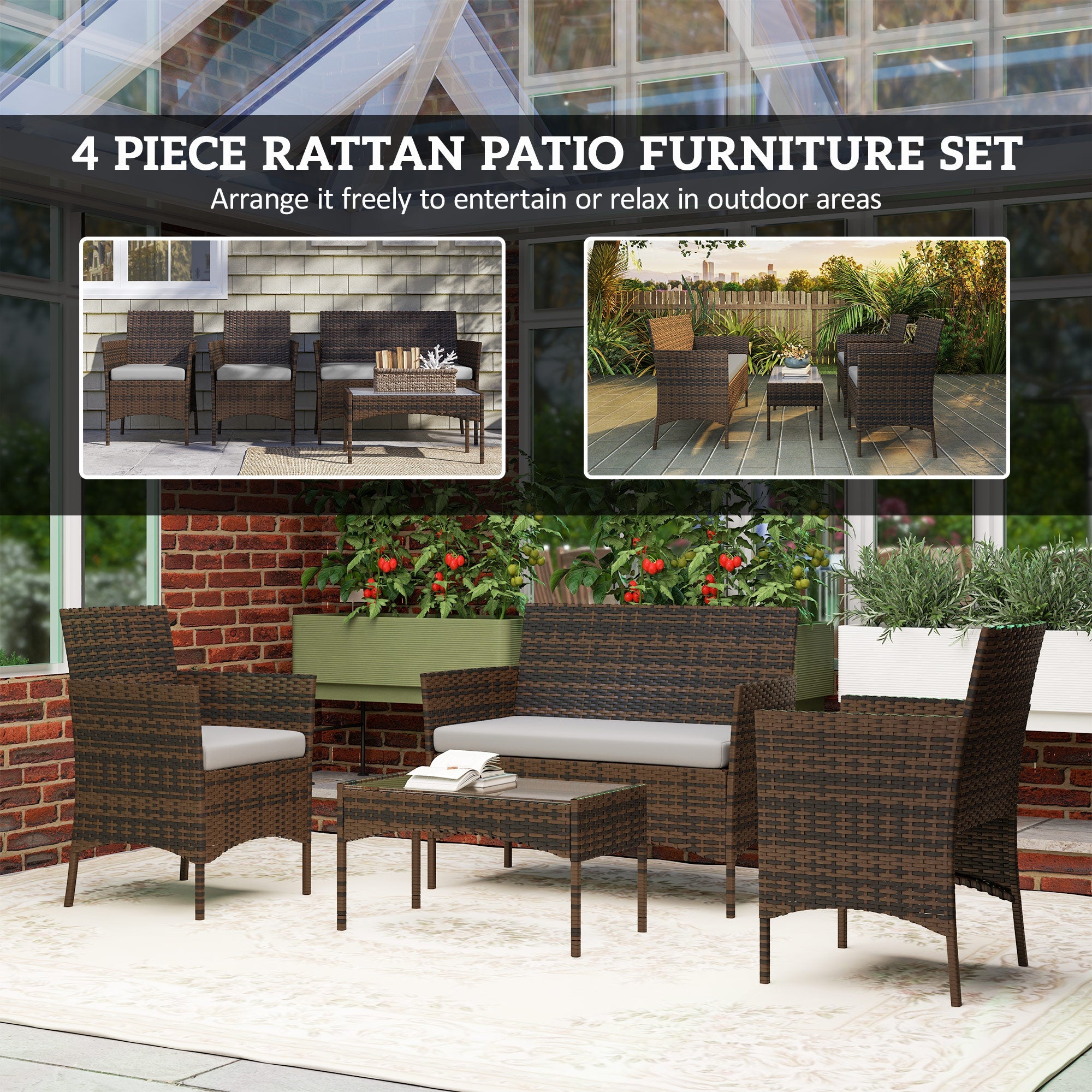Outsunny 4 Pieces Wicker Outdoor Balcony Furniture Set Rattan Patio Furniture Set with Loveseat Chairs Glass Coffee Table Grey 