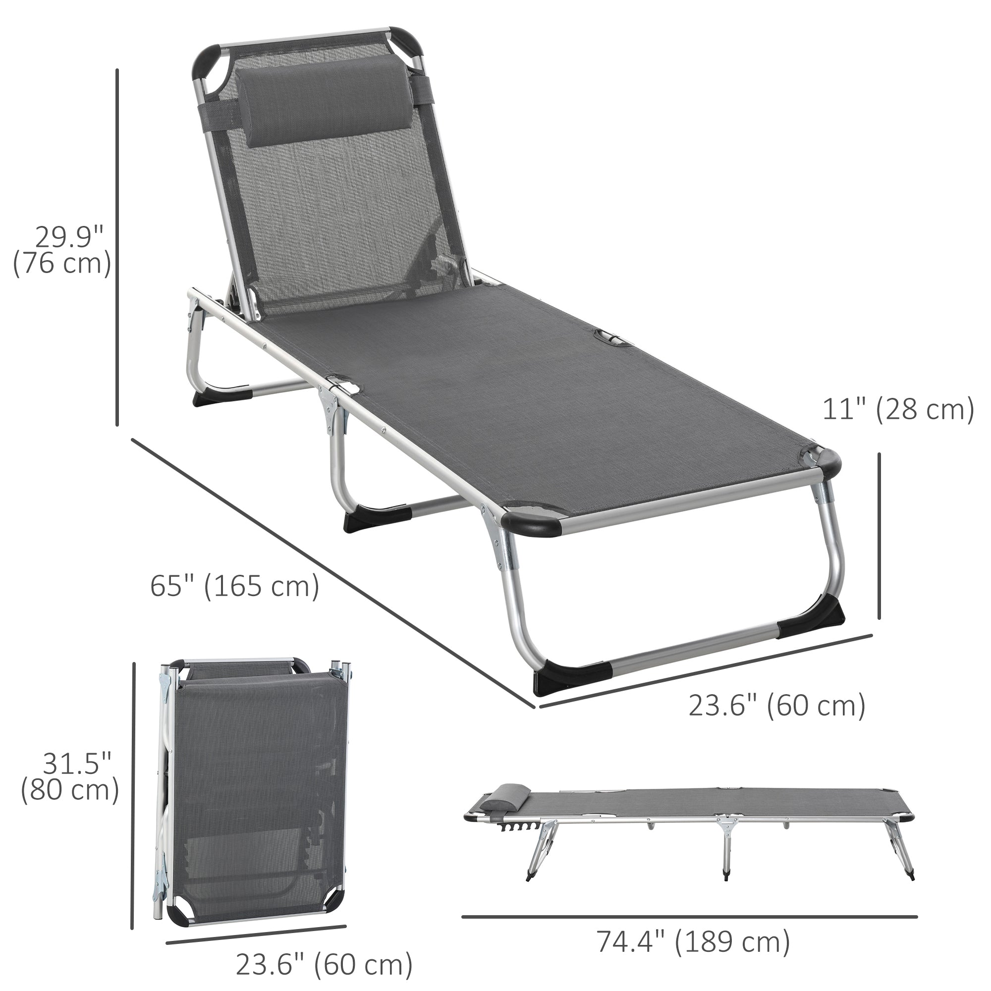 Outsunny Adjustable Folding Lounge Chair Patio Recliner with Headrest Aluminum Frame 5-Position Gray 