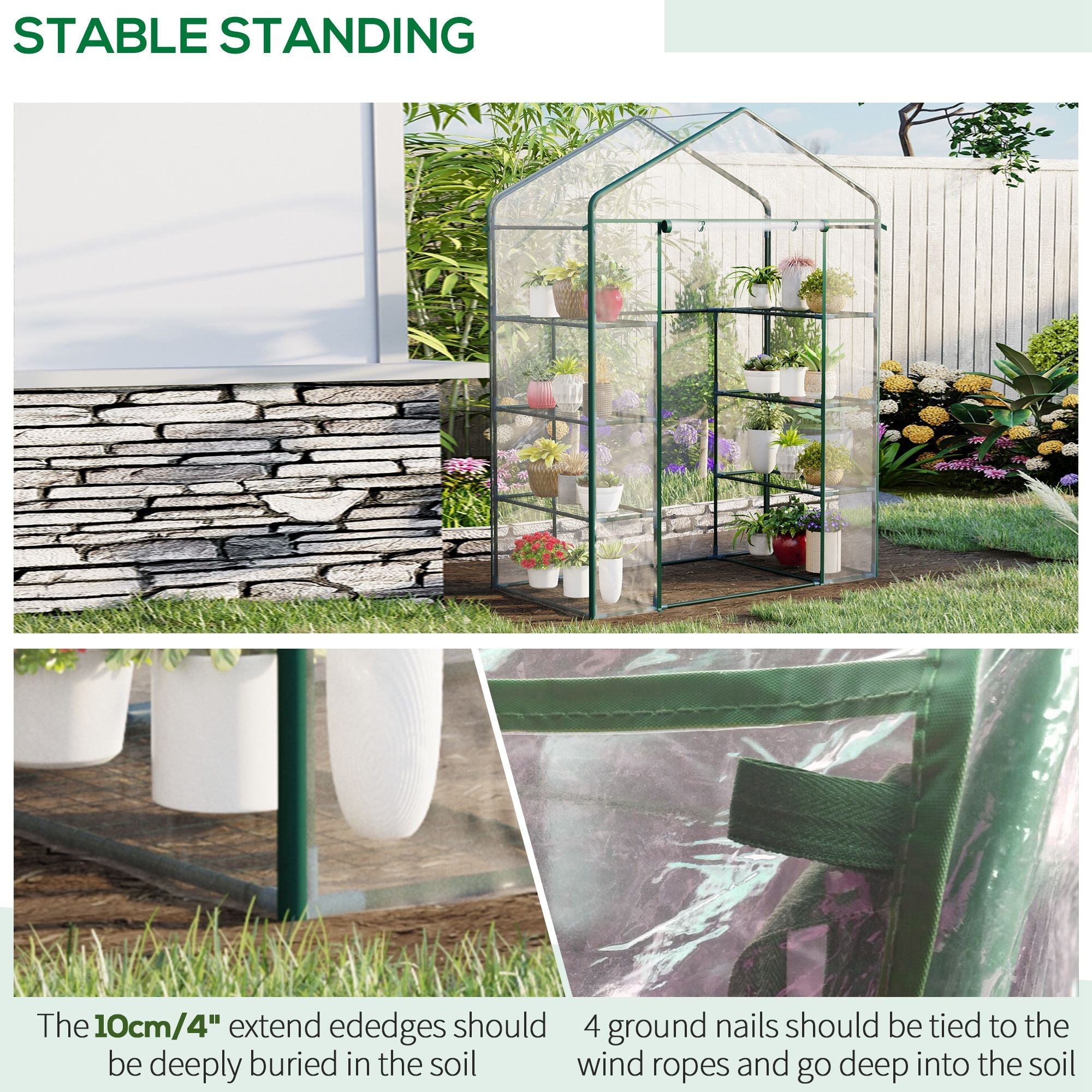Outsunny Portable Walk-In Garden Plant Greenhouse 56" 4 Shelves Zipper Door Grow Vegetables Flowers Climate Transparent 