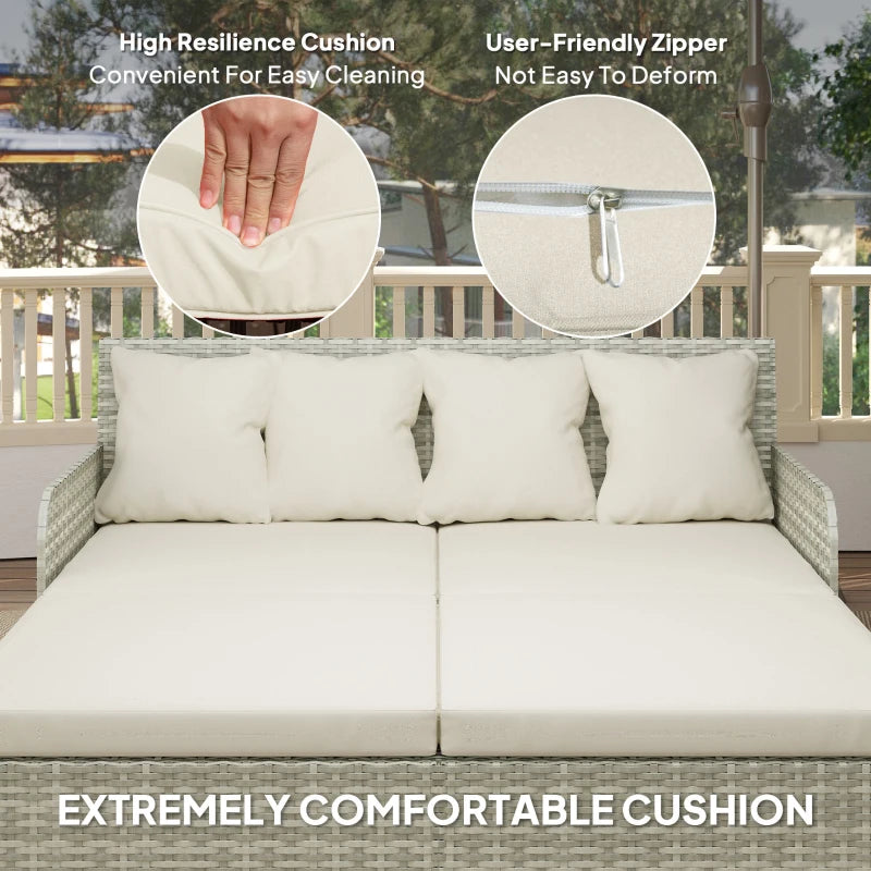 Rattan Outdoor Daybed, Sunbed Loveseat with Soft Cushions, 4 Pillows, Curved Backrest & Armrest, Beige