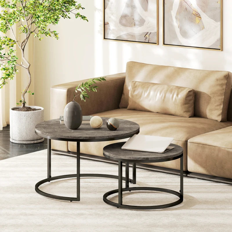 Modern Coffee Table Set of 2, Nesting Side Tables w/ Metal Base for Living Room Bedroom Office Faux Marbled Grey