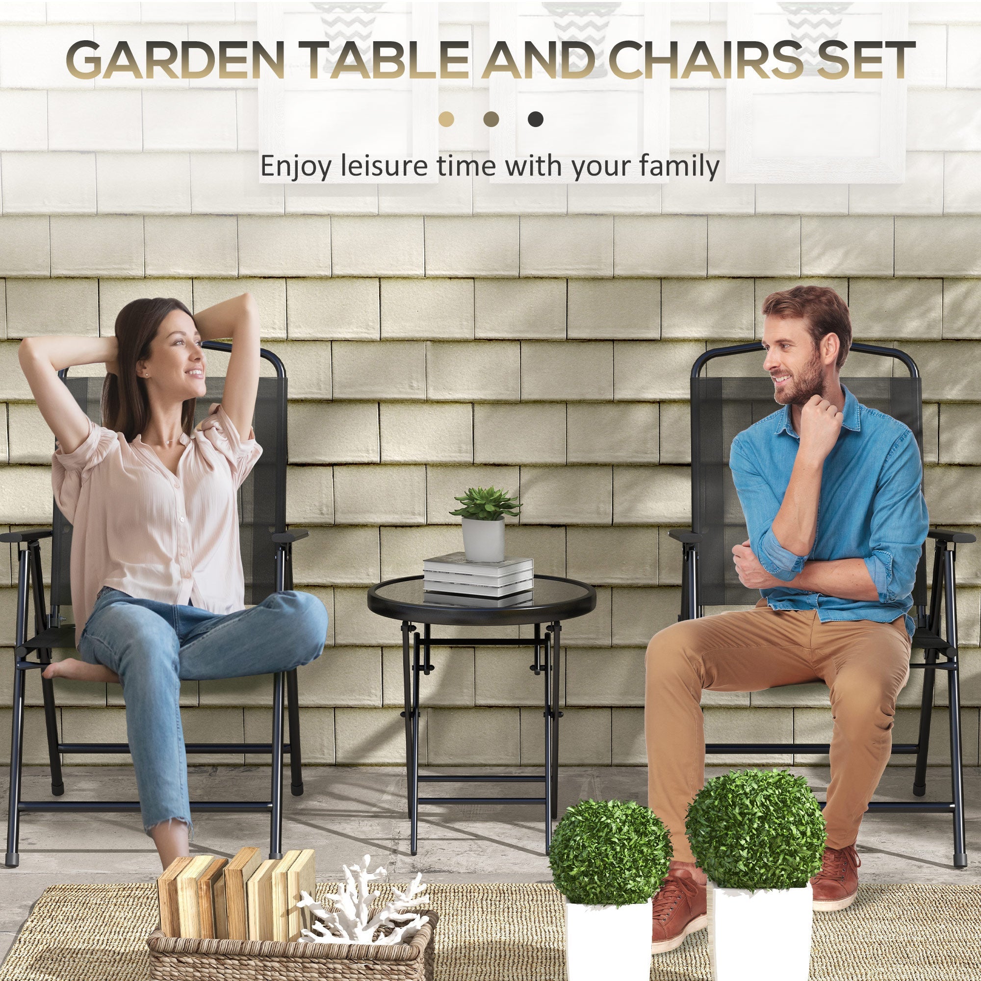 Outsunny 3 Pieces Bistro Set, Foldable Patio Furniture Set with Mesh Chairs, Glass Table for Garden, Balcony, Black 