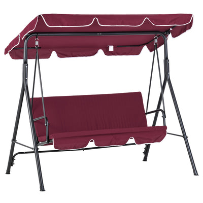 Outsunny Meatal 3-Seater Outdoor Porch Swing with Stand Cushioned Garden Lounger Patio Hammock with Frame and Canopy, Wine Red 