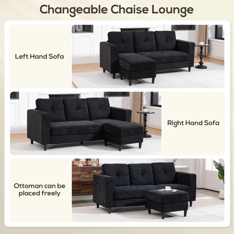 Sectional Sofa, L Shaped Corner Sofa with Changeable Chaise, High-density Foam Padding Seat, Linen Fabric, Wooden Legs, Black