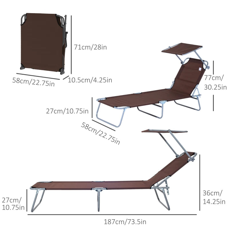 Outdoor Lounge Chair, Adjustable Folding Chaise Lounge,  Tanning Chair with Sun Shade for Beach, Camping, Hiking, Backyard, Brown