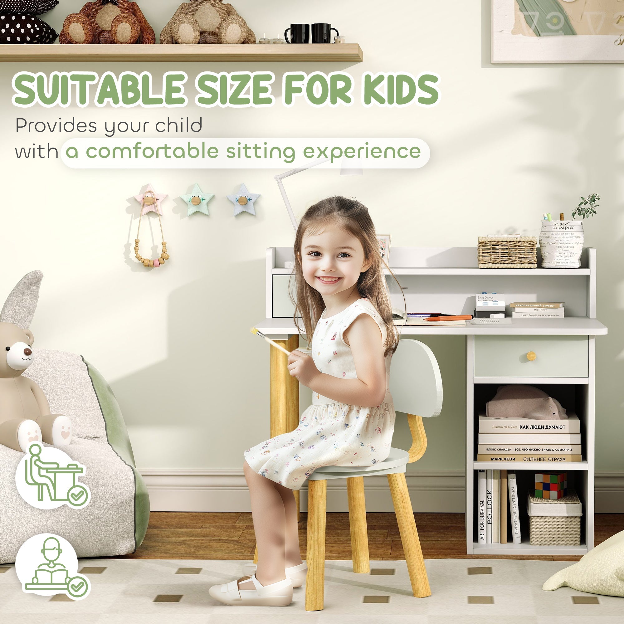 Qaba Kids Study Table and Chair Set, Kids Desk and Chair Set w/ Storage and Shelves, for 3-8 Year Old, Green 