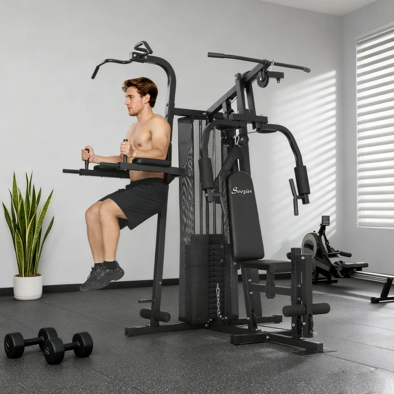 All-in-One Multi-Station Home Gym Workout Machine with Weight Stack, Pulley System & Adjustable Bench – Black