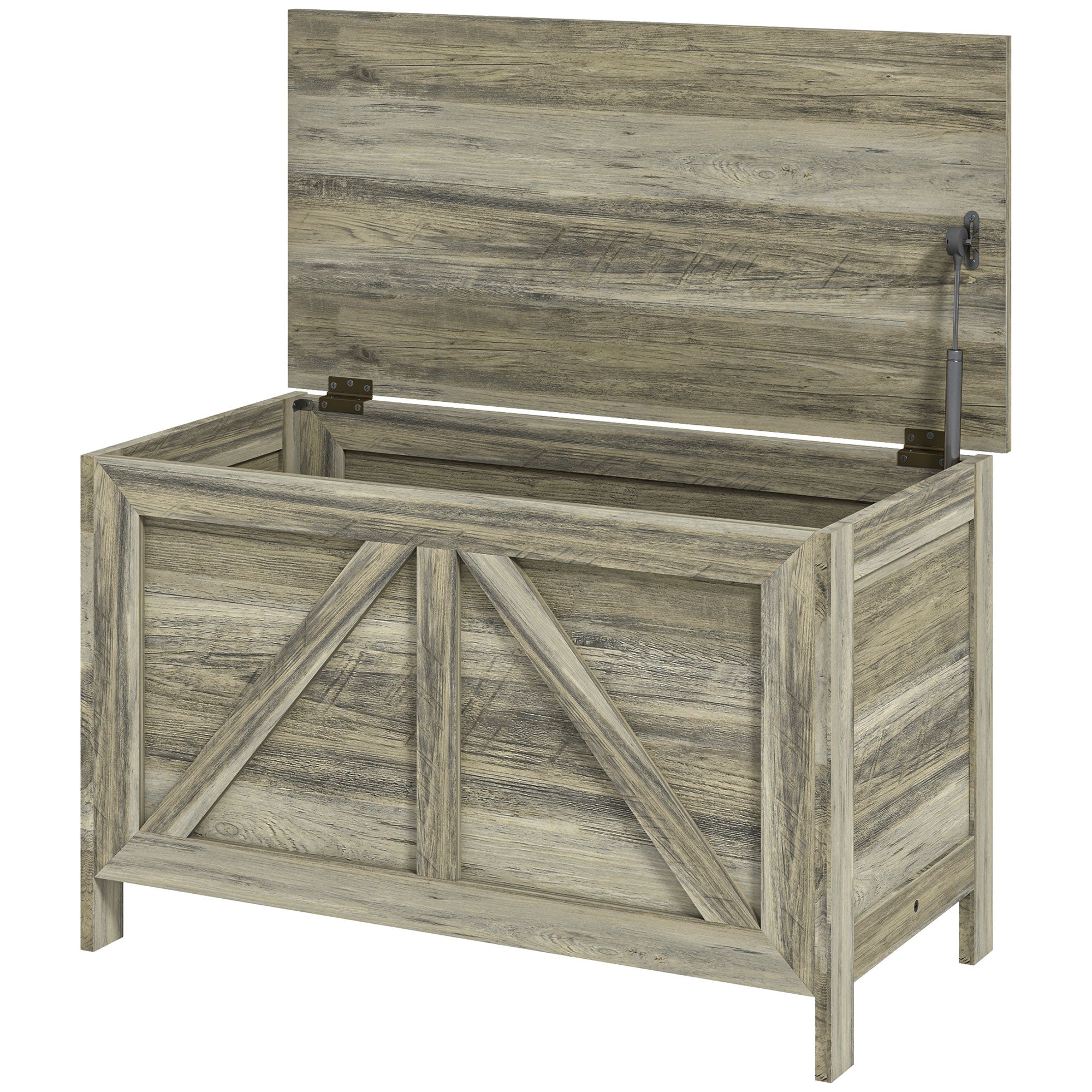 HOMCOM Storage Trunk Box Organizer with Farmhouse Panel, Safety Hinge to Open Up 100°, Grey Wood Grain 