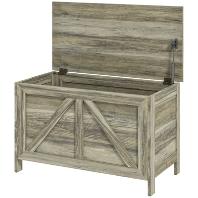HOMCOM Storage Trunk Box Organizer with Farmhouse Panel, Safety Hinge to Open Up 100°, Grey Wood Grain 